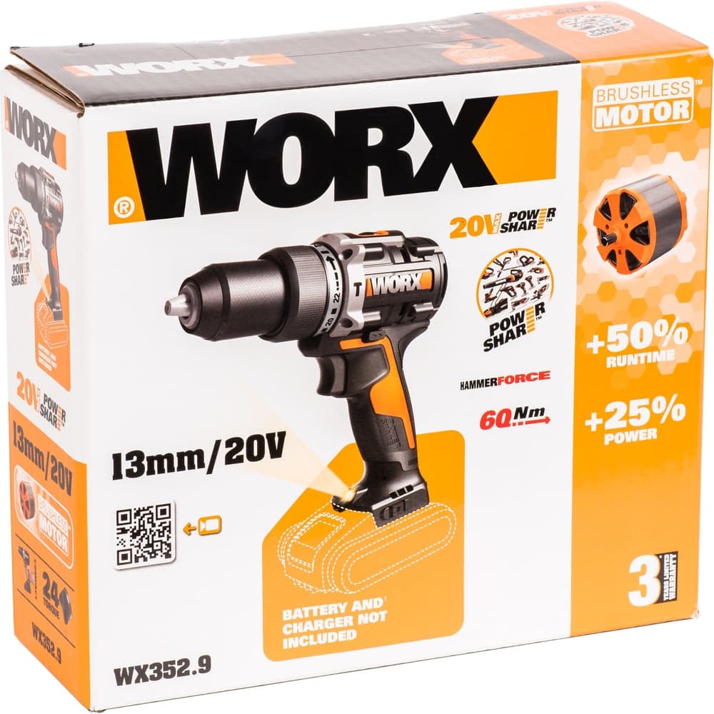 Ударная аккумуляторная дрель-шуруповерт WORX 60 Нм, 20 В, бесщеточная, без АКБ и ЗУ WX352.9 — фото 7