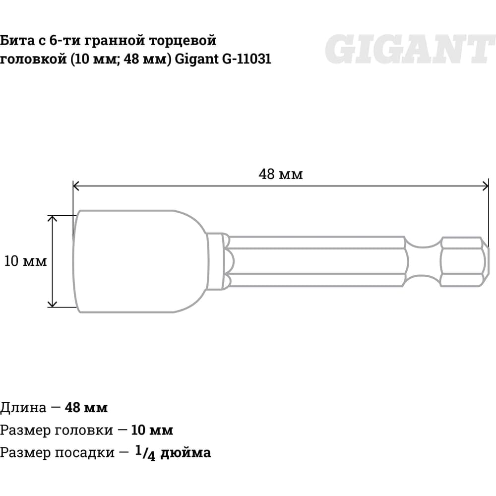 Бита с 6-ти гранной торцевой головкой (10 мм; 48 мм) Gigant GBS 11031 — фото 3