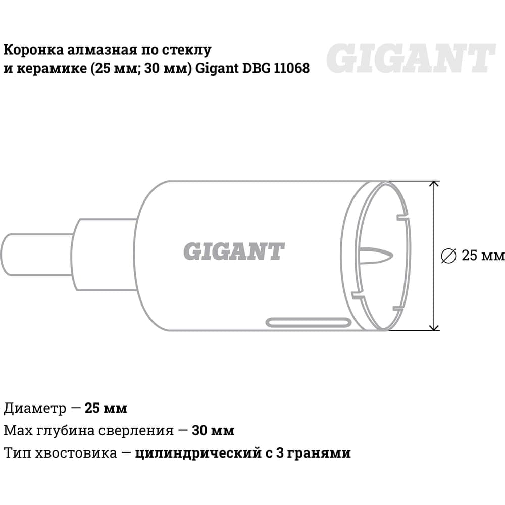 Коронка алмазная по стеклу и керамике (25 мм; 30 мм) Gigant DBG 11068 — фото 3