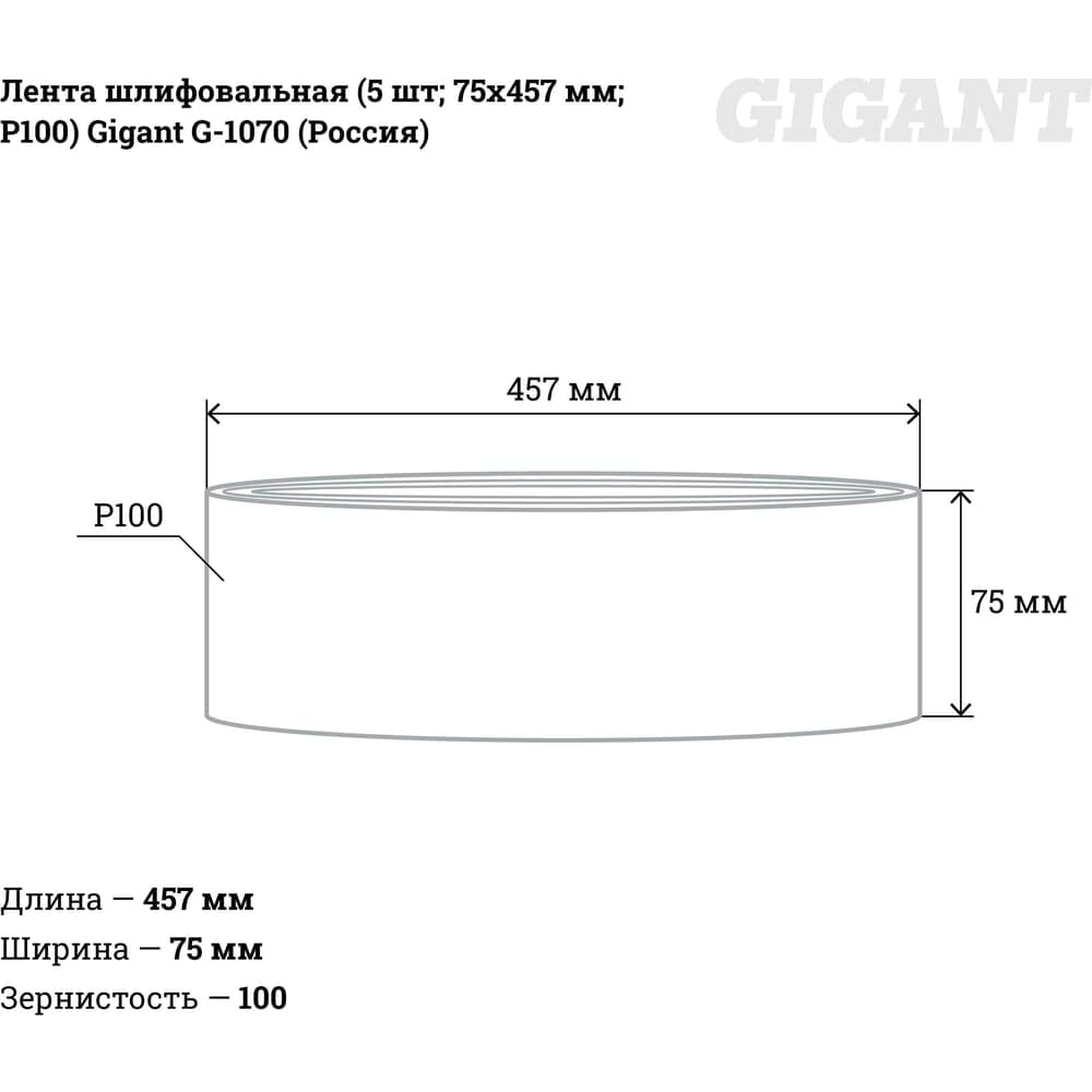 Лента шлифовальная (5 шт; 75x457 мм; P100) Gigant G-1070 (Россия) — фото 2
