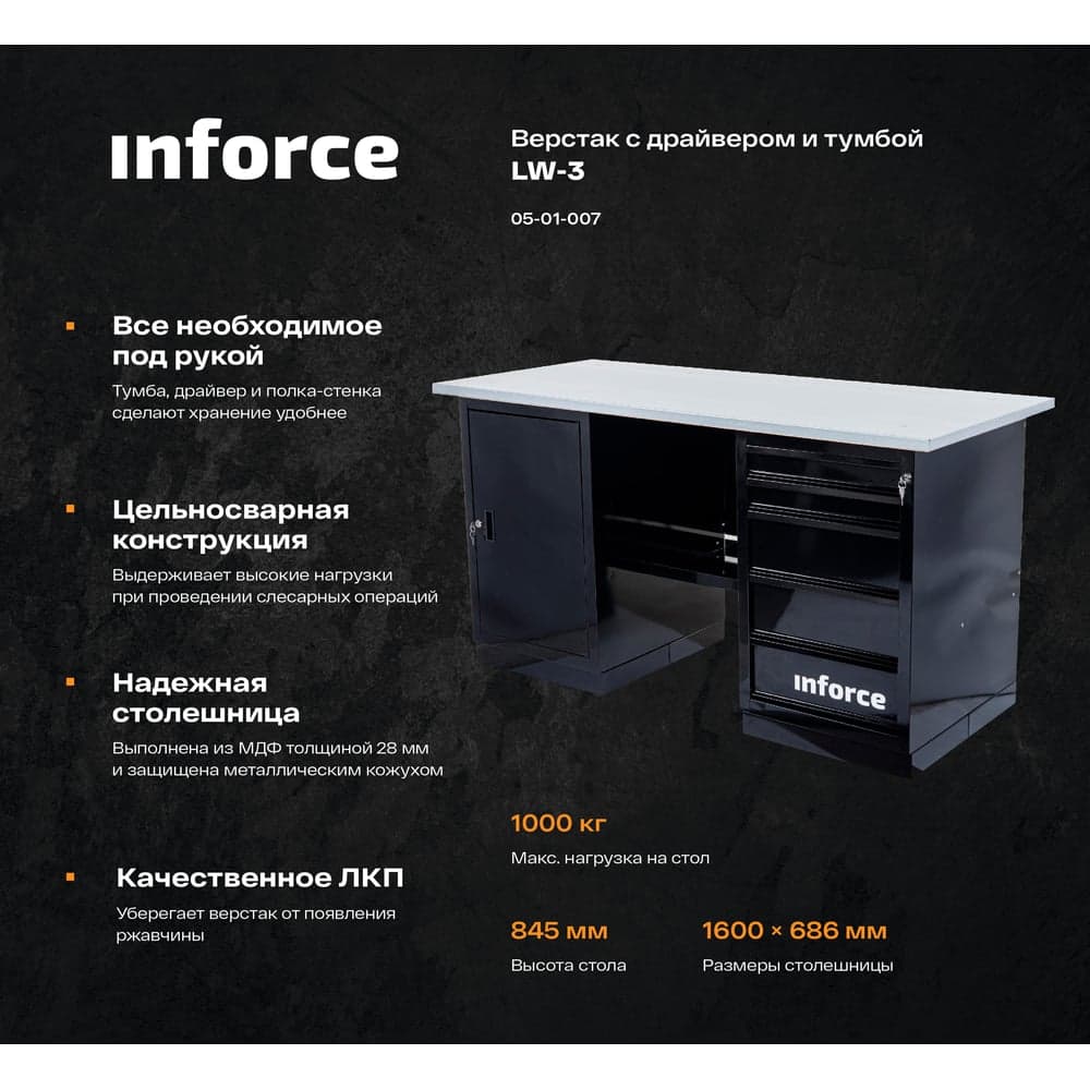 Верстак с драйвером и тумбой Inforce 1600х686х845 LW-3, допустимая нагрузка на стол 1000кг, 05-01-007 — фото 8