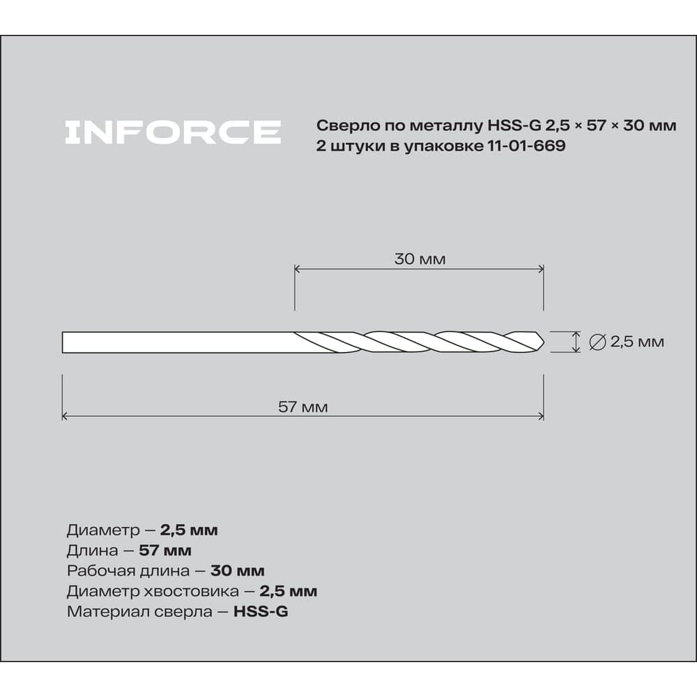 Сверло по металлу HSS-G (2 шт; 2.5х57х30 мм) Inforce 11-01-669 — фото 3