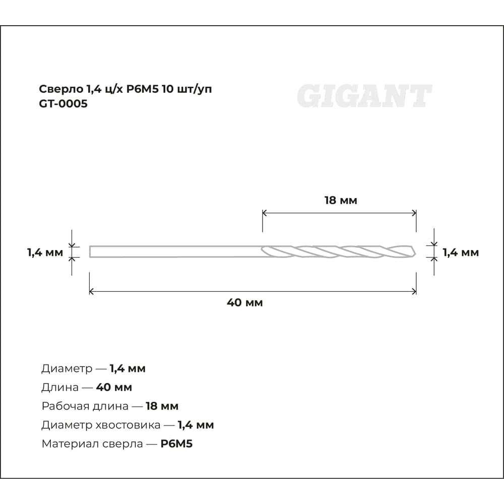 Сверло по металлу (10 шт; 1.4х18х40 мм; Р6М5) Gigant GT-0005 — фото 3