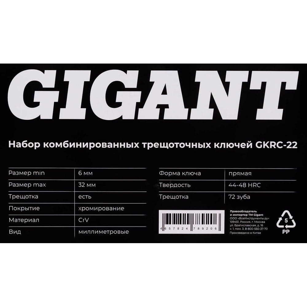 Набор комбинированных трещоточных ключей Gigant в пластиковом кейсе 22 шт GKRC-22 — фото 15