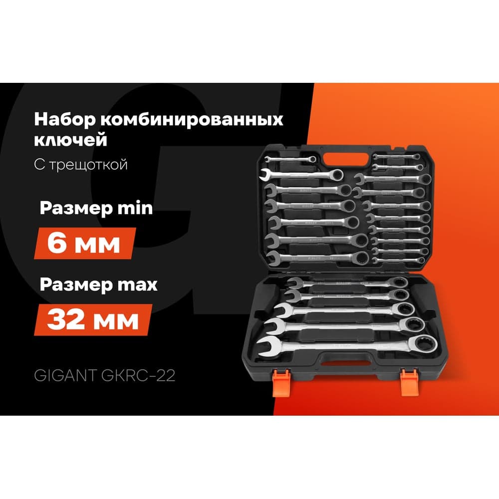 Набор комбинированных трещоточных ключей Gigant в пластиковом кейсе 22 шт GKRC-22 — фото 2