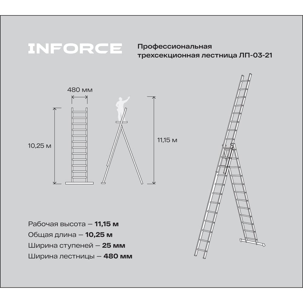 Профессиональная трехсекционная лестница Inforce 3x14 шириной 480мм ЛП-03-21 — фото 7