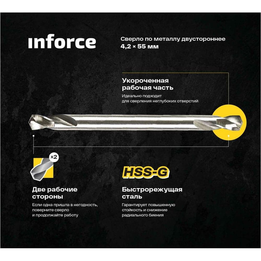 Сверло по металлу двустороннее HSS-G 4.2х55 мм, 10 штук в упаковке Inforce 11-01-724 — фото 6