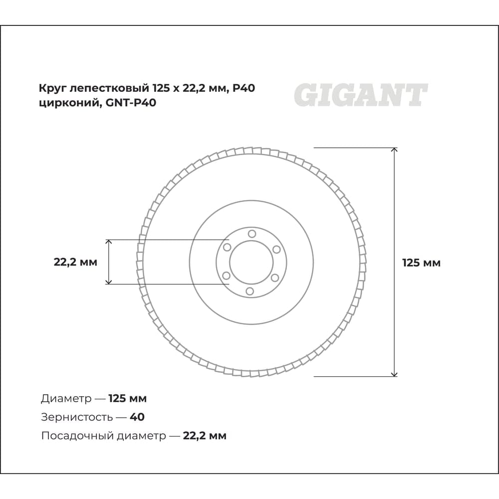 Круг лепестковый Professional 125х22.2 мм, P40, цирконий Gigant GNT-P40 — фото 3