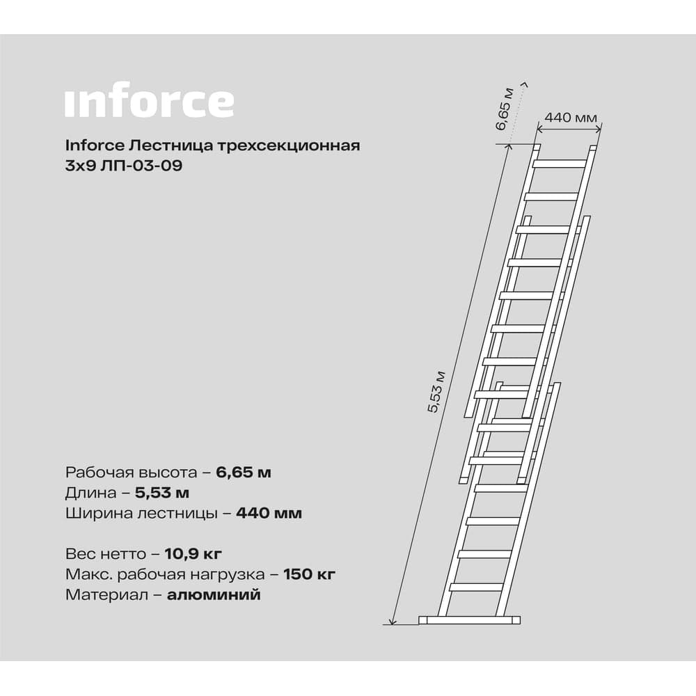 Трехсекционная лестница 9 ступеней Inforce 3x9 ЛП-03-09 — фото 6