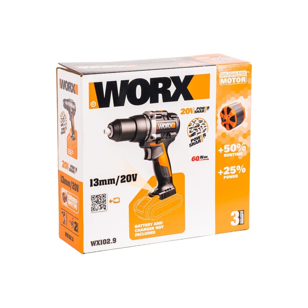 Аккумуляторная бесщёточная дрель-шуруповерт WORX 20В, 60Нм, без АКБ и ЗУ WX102.9 — фото 6