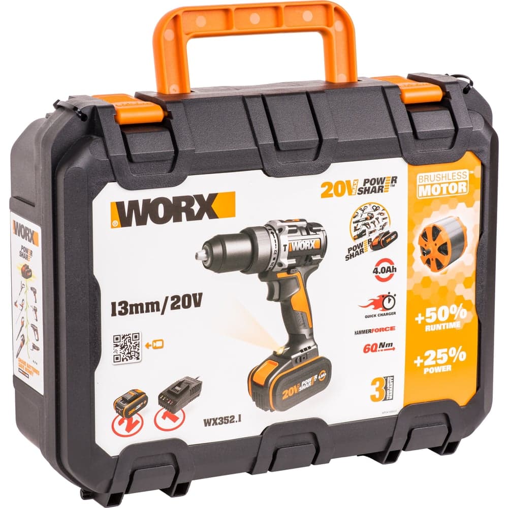 Ударная аккумуляторная дрель-шуруповерт WORX 60 Нм, 20 В, бесщеточная, 4 Ач x 2, ЗУ 2 А, кейс WX352.1 — фото 10