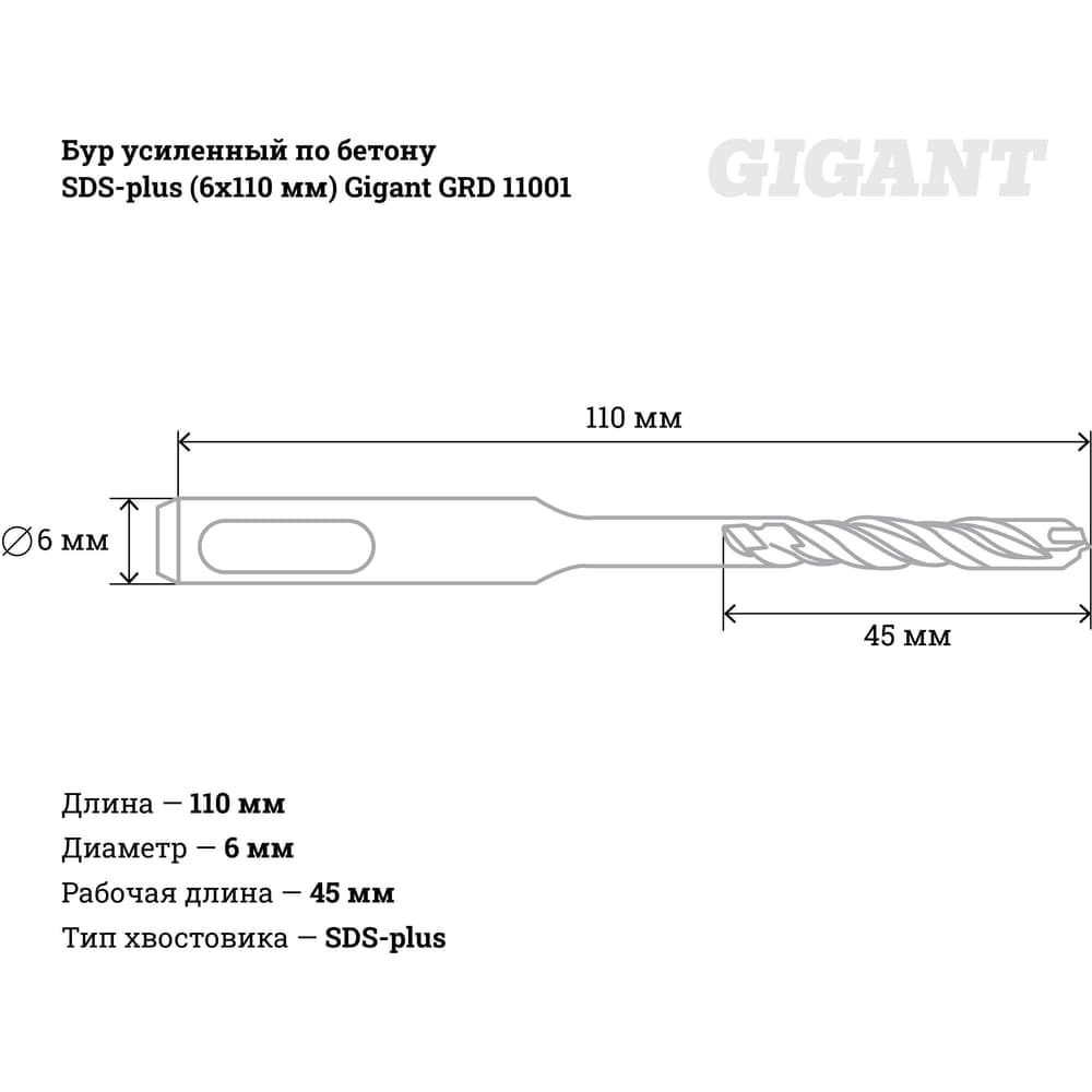 Бур усиленный по бетону SDS-plus (6x110 мм) Gigant GRD 11001 — фото 4