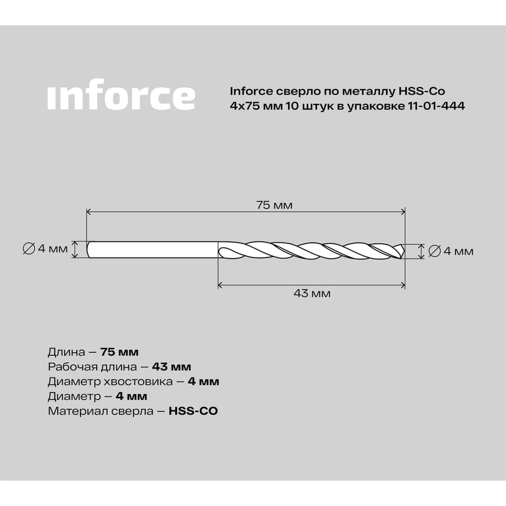 Сверло по металлу HSS-CO (10 шт/уп; 4x75x43 мм) Inforce 11-01-444 — фото 6
