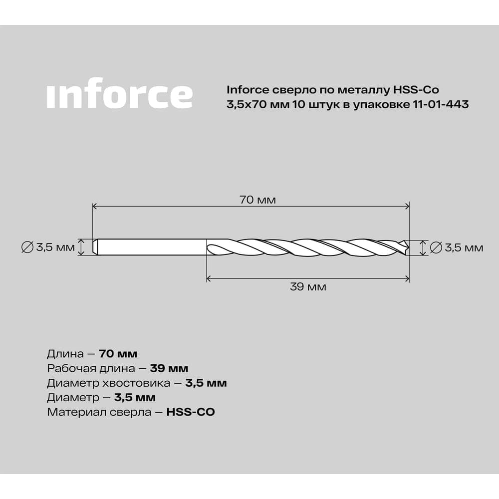 Сверло по металлу HSS-CO (10 шт/уп; 3.5x70x39 мм) Inforce 11-01-443 — фото 7
