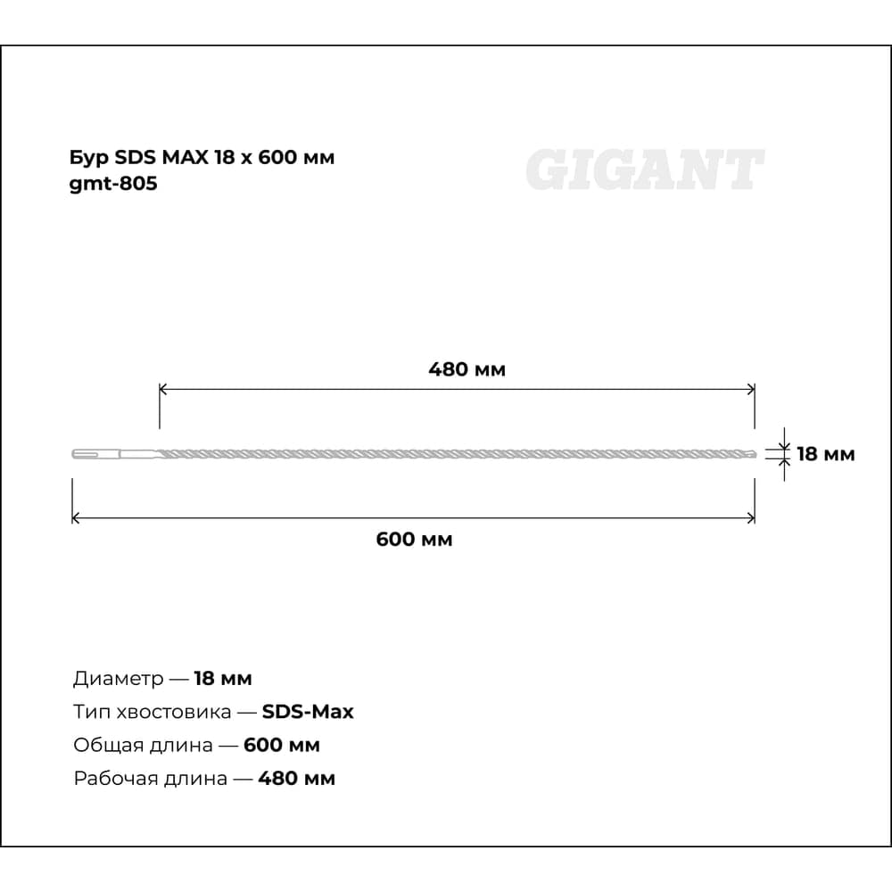 Бур SDS MAX 18x600 мм Gigant gmt-805 — фото 3