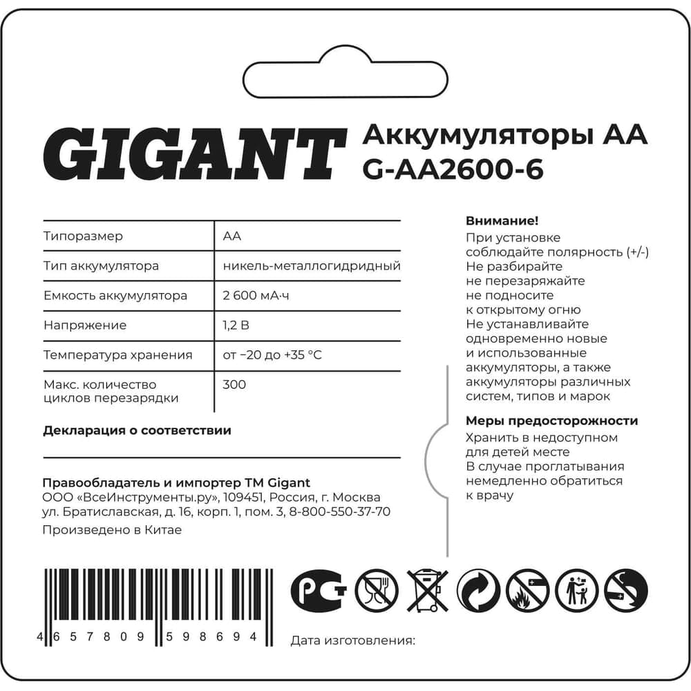 Аккумуляторы Gigant размера АА, емкостью 2600 мАч - 6шт. G-AA2600-6 — фото 5