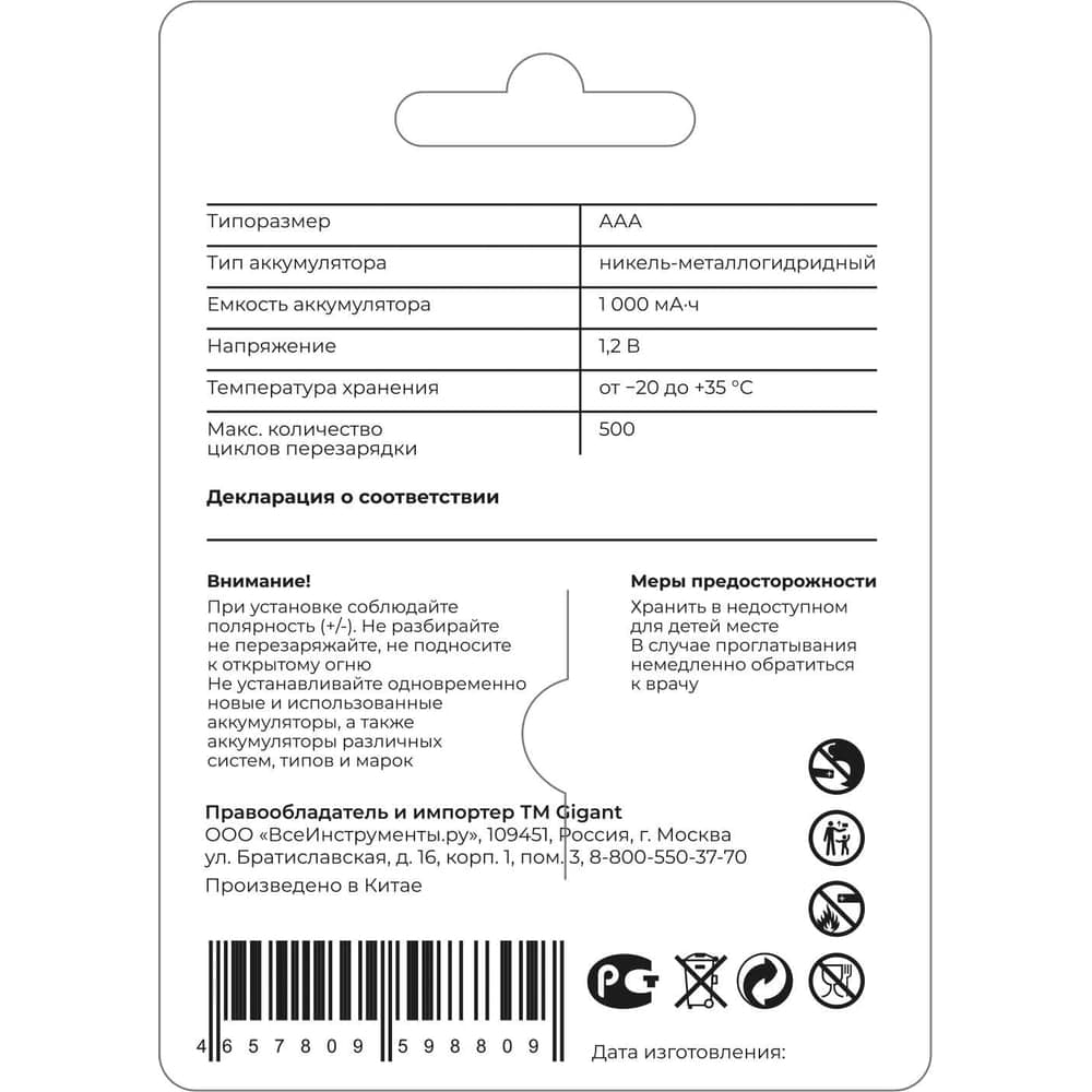 Аккумуляторы Gigant размера ААA, емкостью 1000 мАч - 2шт. G-AAA1000-2 — фото 5