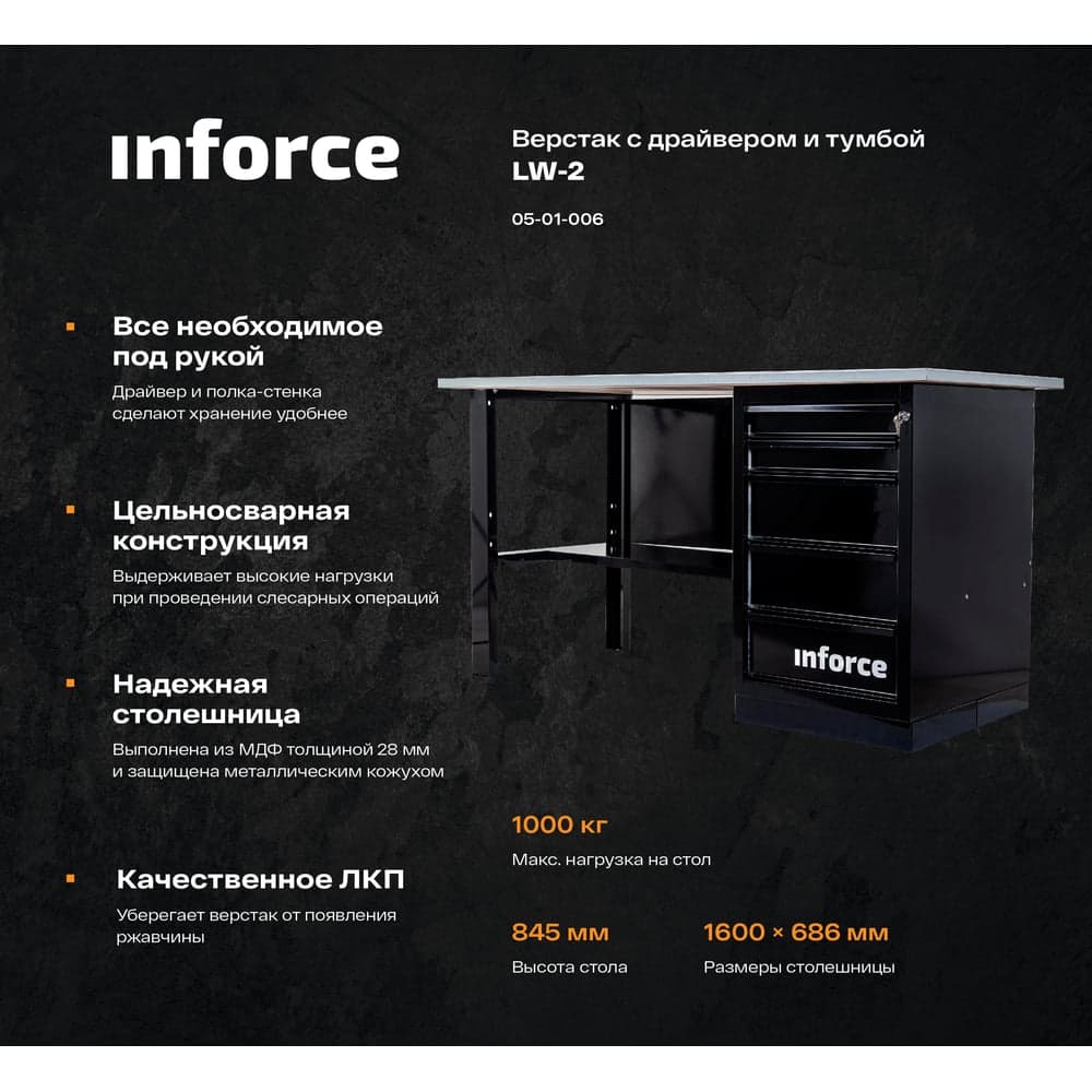 Верстак с драйвером Inforce 1600х686х845 LW-2 допустимая нагрузка на стол 1000кг, 05-01-006 — фото 9