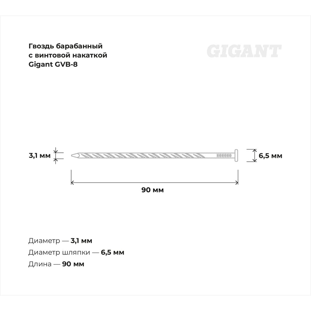 Барабанный гвоздь Gigant с винтовой накаткой CNW 3,1х90 3600шт GVB-8 — фото 3