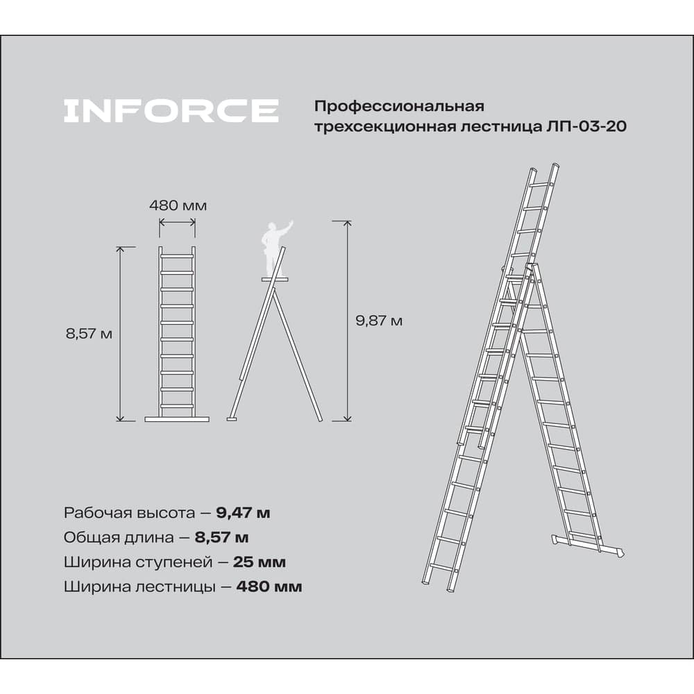 Профессиональная трехсекционная лестница Inforce 3x12 шириной 480мм ЛП-03-20 — фото 7