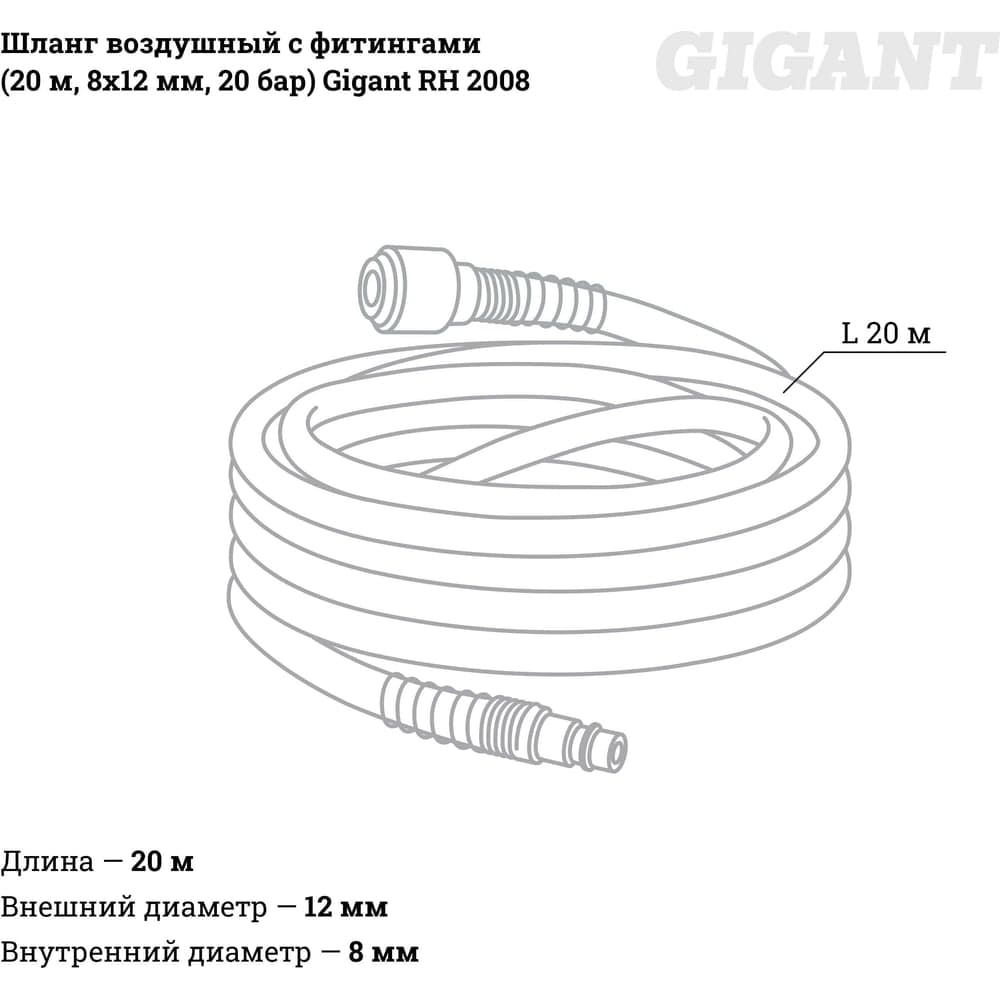 Шланг воздушный с фитингами для монтажа пневмолиний (20 м; 8х12 мм; 20 бар) Gigant RH 2008 — фото 3