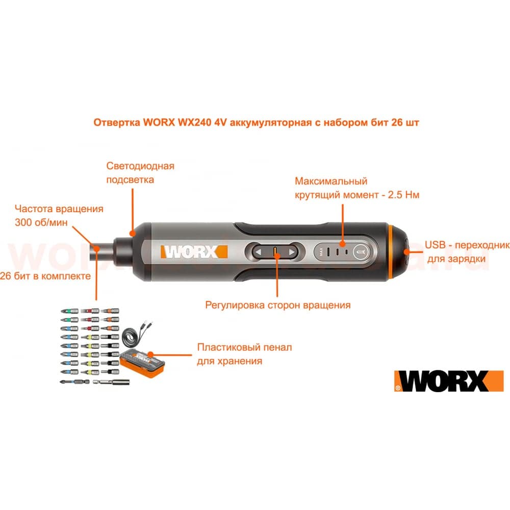 Аккумуляторная отвертка WORX 4В, 2,5Нм, 1,5Ач, набор оснастки WX240 — фото 12